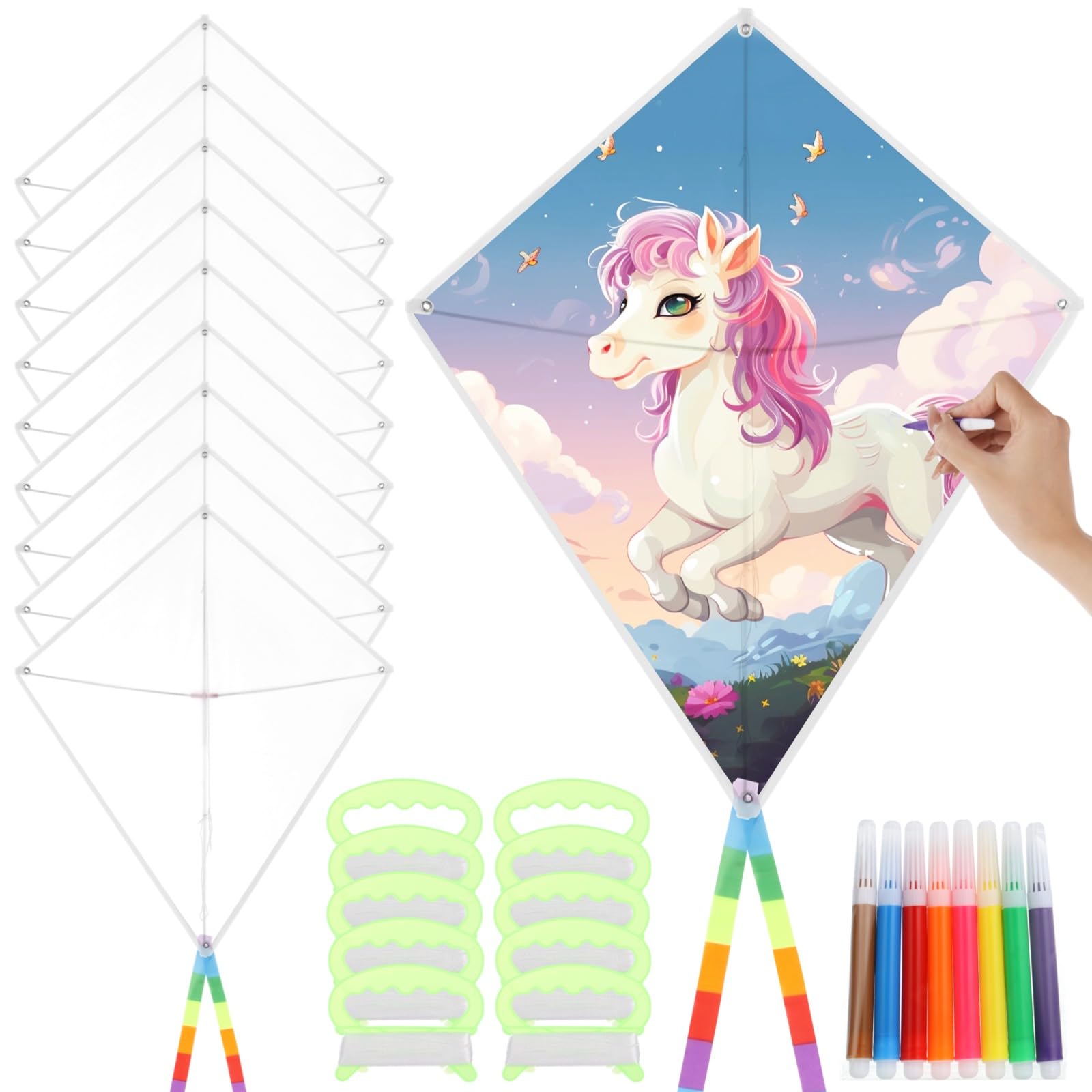 Paquete de 10 cometas en blanco, kit de fabricación a granel para manualidades, kit de fabricación de cometas para niños, kit para hacer tu propio kit de cometas incluye 8 bolígrafos de acuarela para