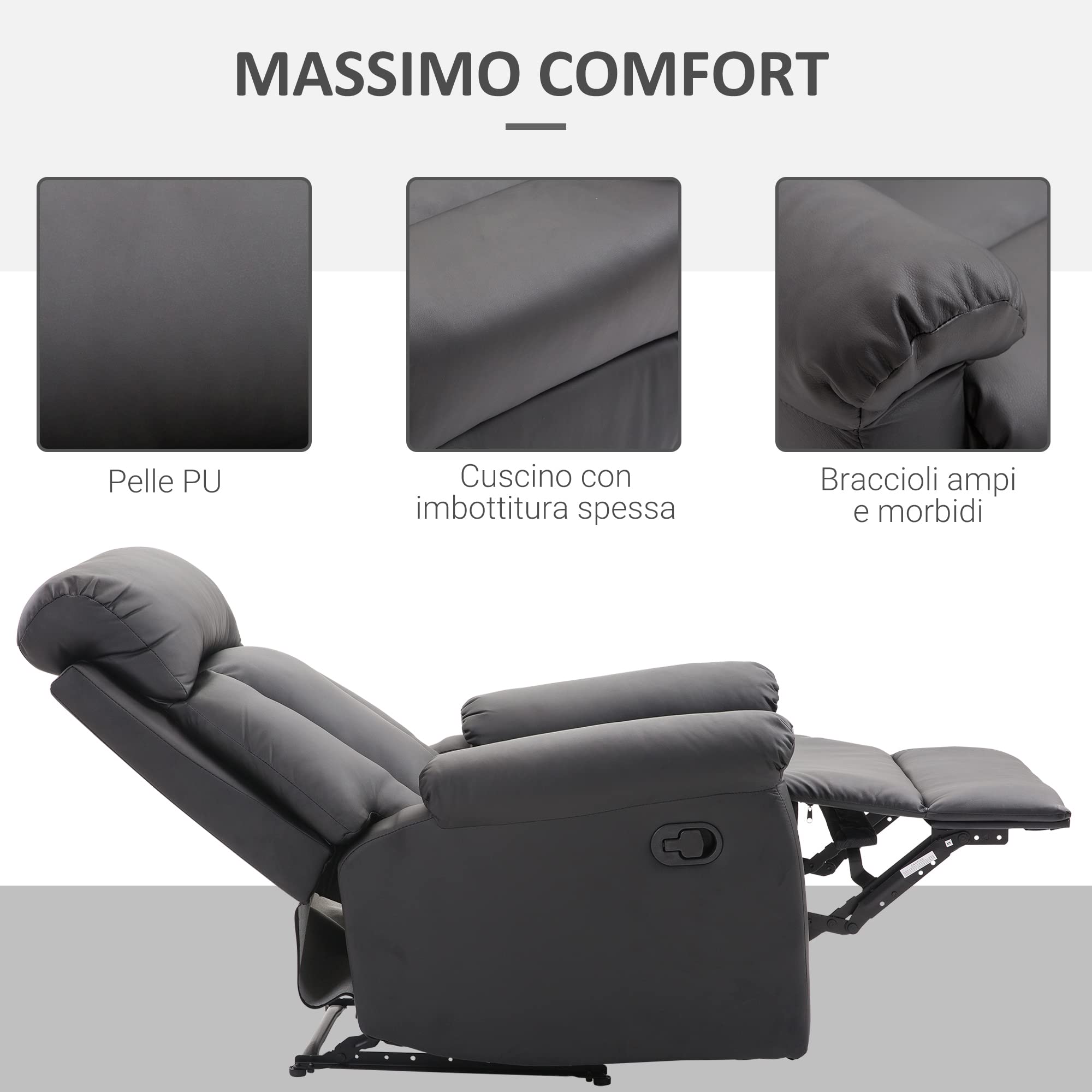 HOMCOM Poltrona Relax Reclinabile Imbottita Ergonomica con Poggiapiedi Pelle PU 80 x 97 x 107cm Nero