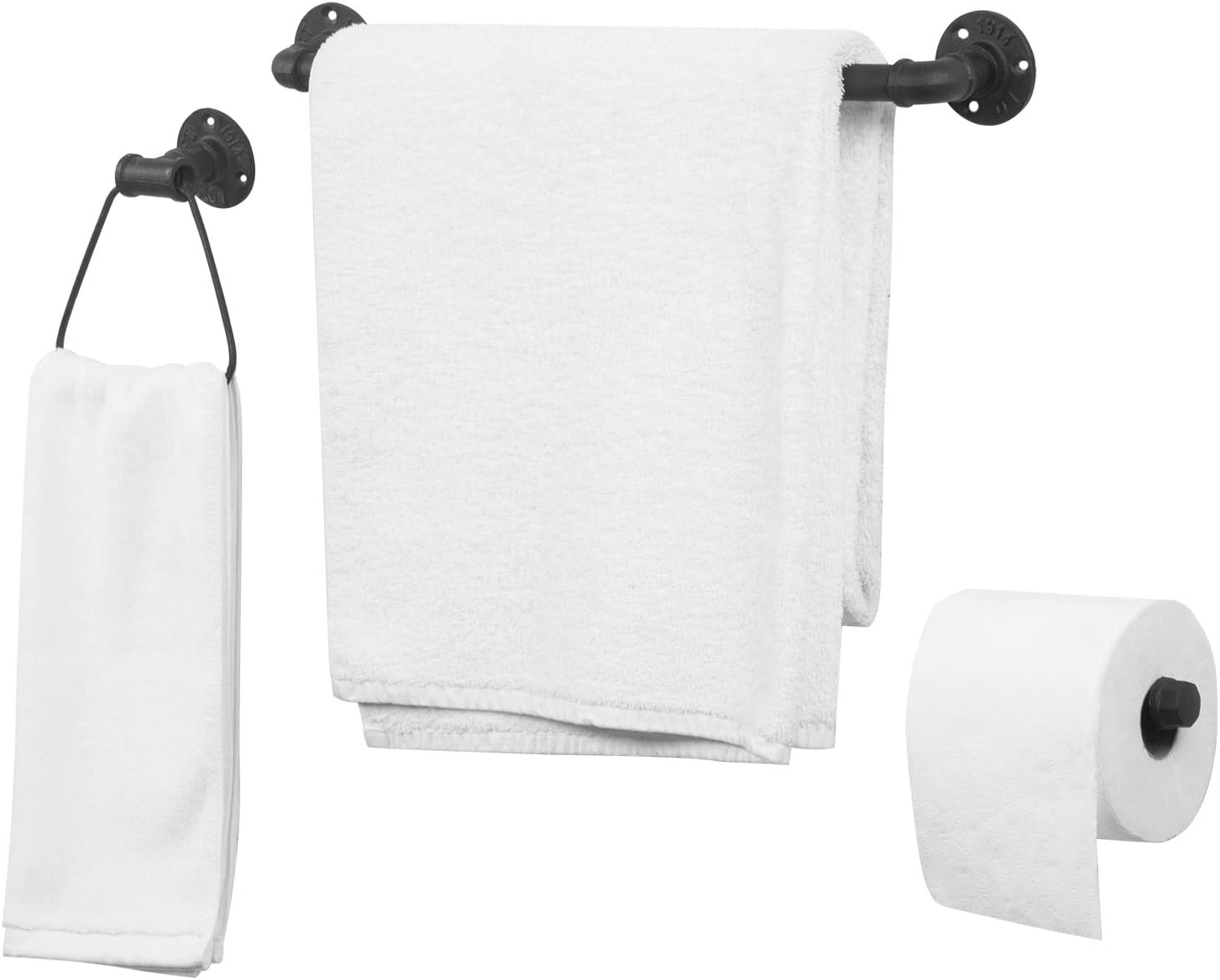 MyGift 3-Piece Matte Black Metal Pipe Bathroom Hardware Set with Toilet Paper Holder, Hand Towel Ring and Bath Towel Bar Rack