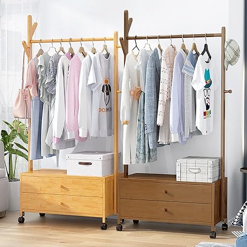 Miniatura 6 de Perchero independiente resistente, perchero de bambú con ruedas, ideal para almacenamiento de ropa de dormitorio (color madera 24.8 x 11.4 x 64.2in)