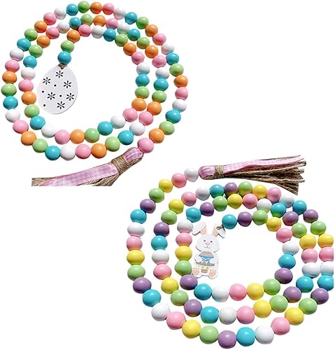 WDhomLT 2 adornos de madera de Pascua, cuentas de madera de Pascua, guirnalda de cuentas de madera de primavera con borlas y etiqueta de conejo,