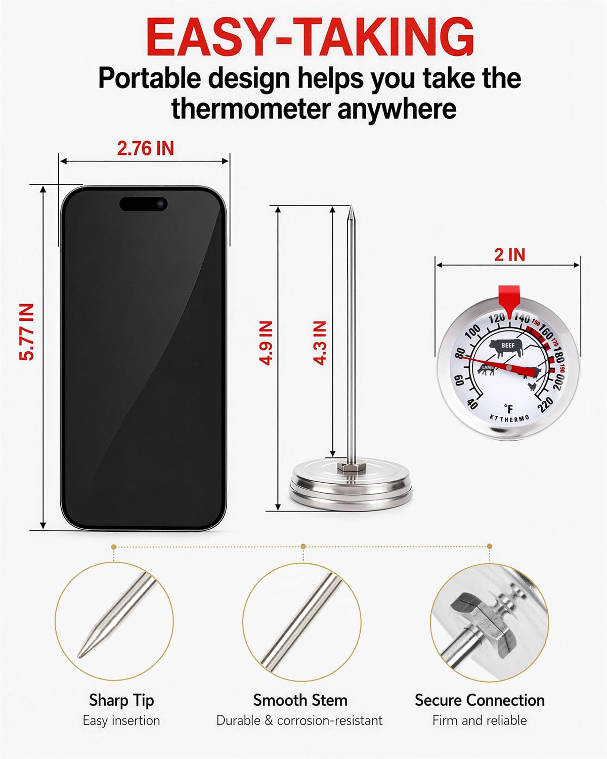 Termometro per carne da 150 a 190 °C, quadrante grande da 5 cm, termometro analogico per alimenti senza batteria, con icone di cottura e indicatore rosso rimovibile
