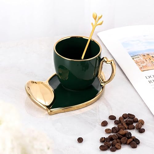 Miniatura 3 de 2 juegos de tazas de café espresso y platillo, 10.1 fl oz, tazas de té de cerámica con cucharas, verde