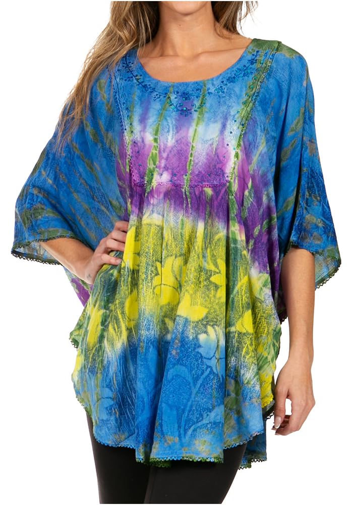 Chemisier Poncho Sakkas Ellesa Tie Dye Broderie Pailletée - Taille Unique Grande