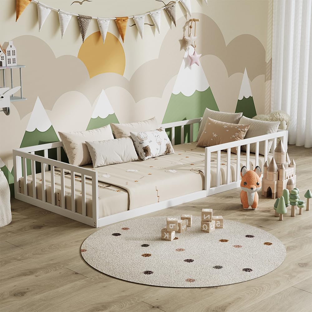 VitaliSpa Lit au Sol Minno 90x200, lit Enfant en métal, lit Montessori avec barrière de sécurité, Faible Hauteur d’accès, Blanc