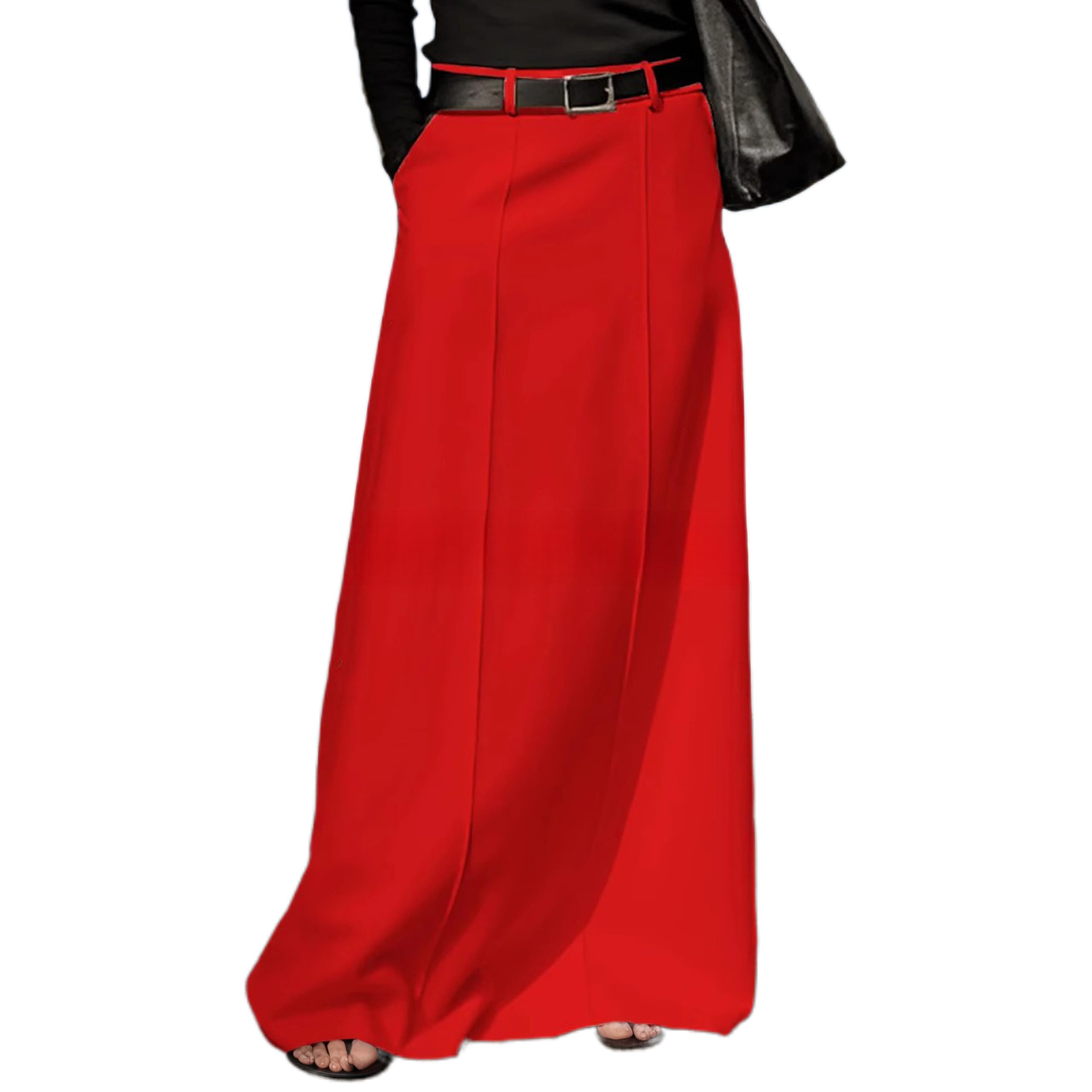 TIAFORD Maxi Skirts for Women Business Casual Women's High Waist Fall Solid Flowy Long Work Skirts with Pockets