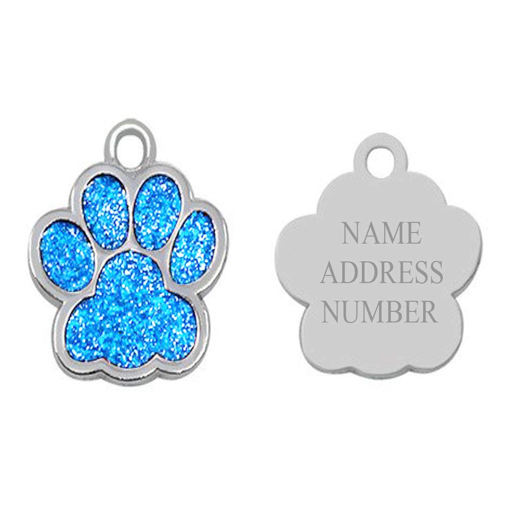 MY GIFT TREE Personalised Engraved 27mm Glitter Paw Print - Silver Finish Dog Pet Id Tag Design Quality Tags for Your Dogs with A Free Split Ring (Light Blue)