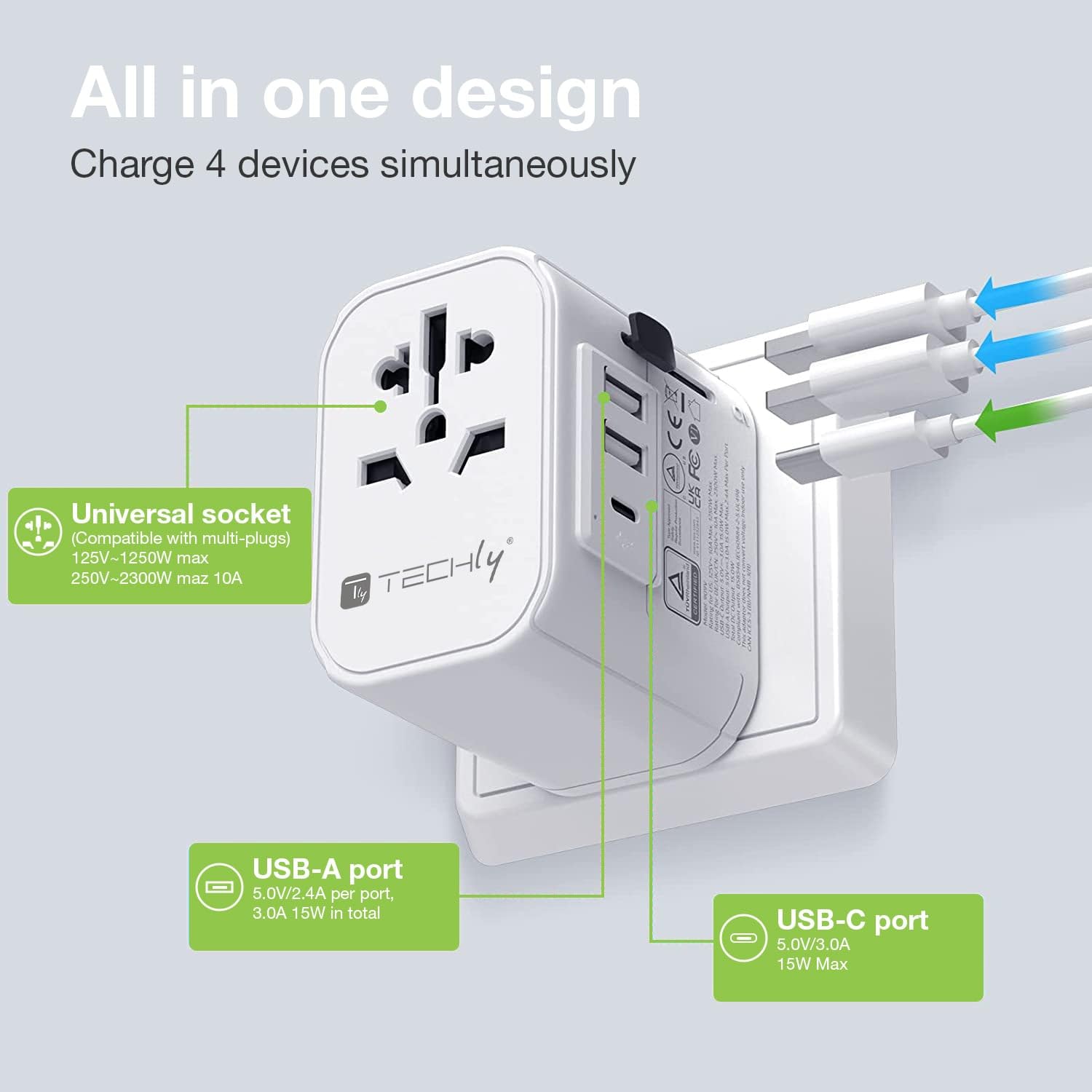 Techly 367782 Adattatore da Viaggio Universale 150 Paesi 2 Porte USB-A e 1 Porta USB-C™ Bianco Bianco