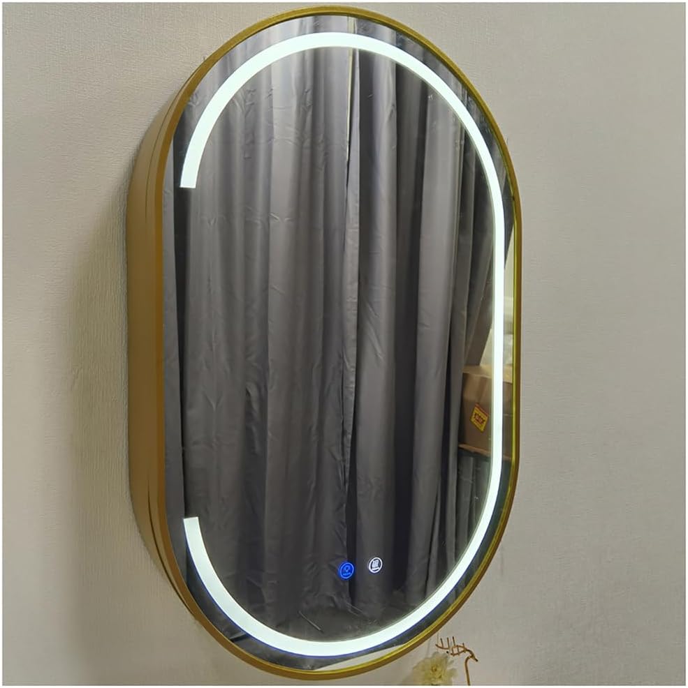 ZTGL Oval Medicine Cabinet with Mirror, Bathroom Mirror with 3 Shelves Storage, Aluminum Alloy Bathroom Cabinet with Mirror, Wall Mounted Storage Cabinet, with LED Light,Black,50x80cm