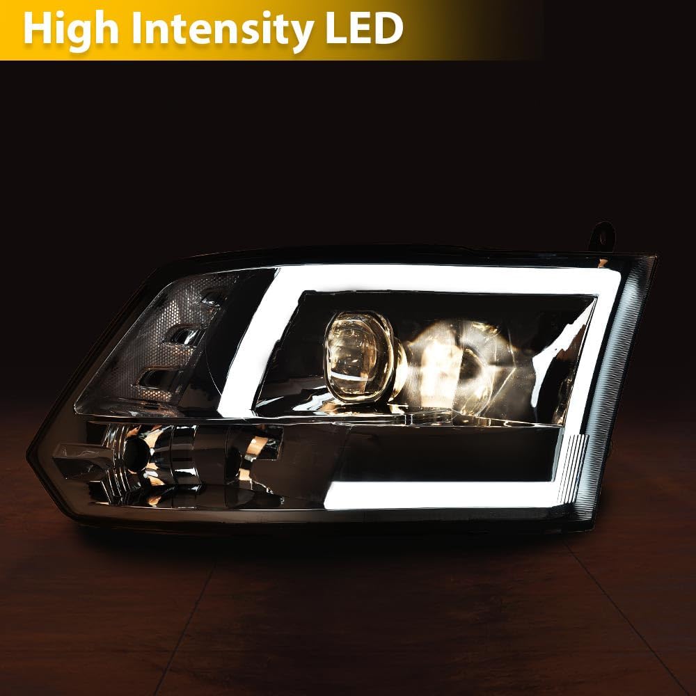 PIT66 LED DRL Headlights Assembly Front Headlamp Compatible with Dodge Ram 1500 2500 3500 2009-2012 (Not Fit Dual Beam,Not Fit One Hole,Only for Quad Models) Smoky lens Chrome Housing