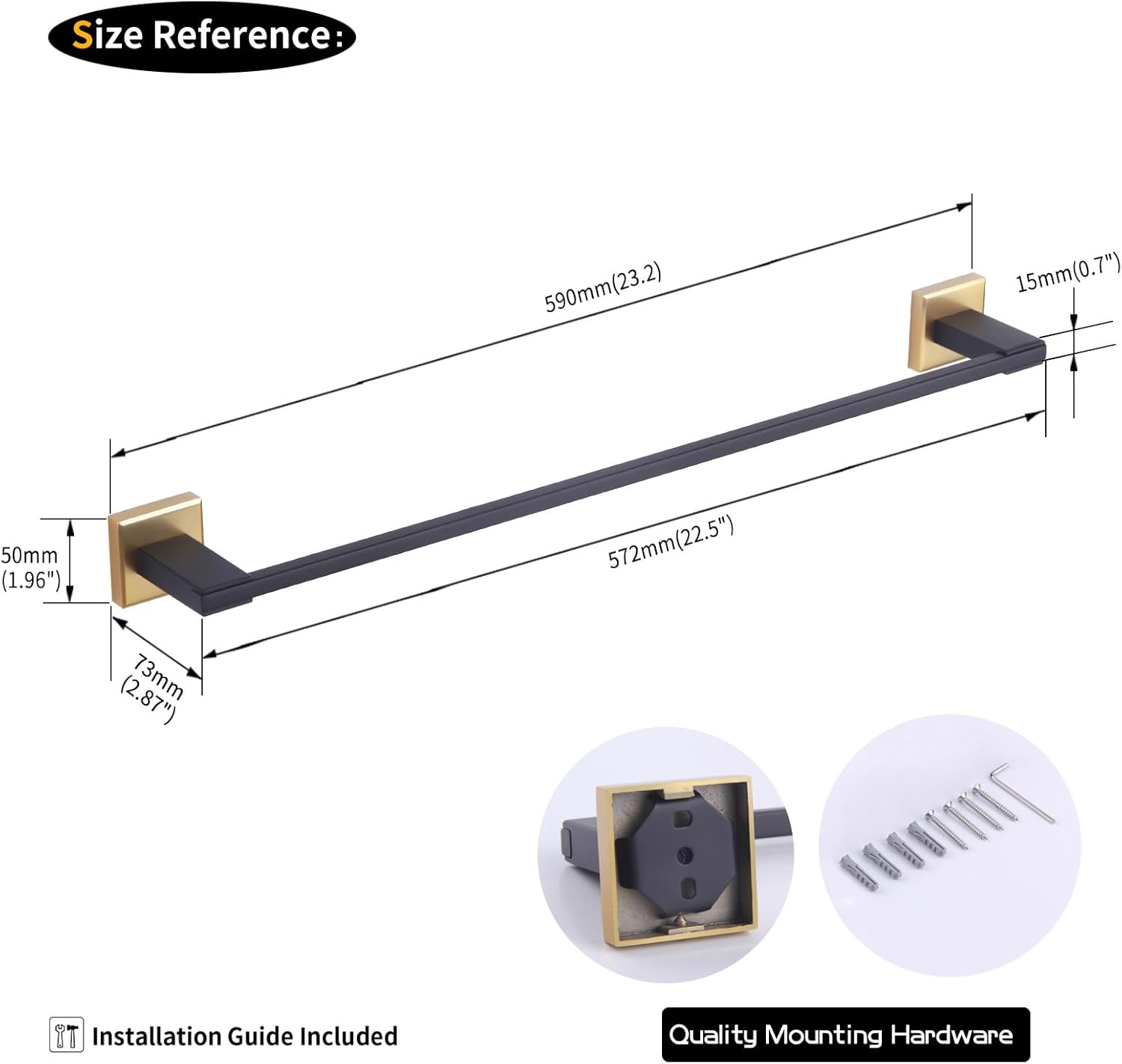 GERZWY 24-Inch Bathroom Towel Bar SUS 304 Stainless Steel Modern Round Style Bath Towel Bar Wall Mount (Black & Gold) JG1901A60-BD