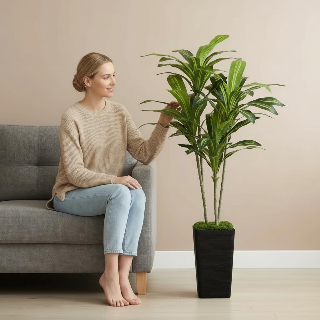 Artificial Dracaena Tree 5FT, Fake Tree with Black Tall Planter - Faux Yucca Tall Fake Floor Plant in Pot - Artificial Plant for Home Office Living Room Decor Indoor