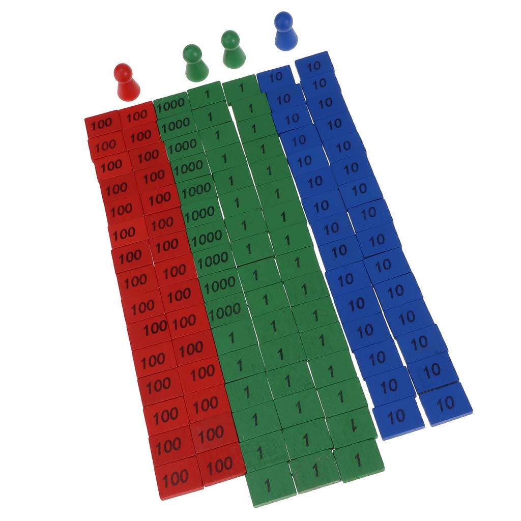 Juego de sellos Montessori de madera, juego de sellos Montessori de 4 piezas y 108 piezas de azulejos de madera etiquetados con 1, 10, 100 y 1000