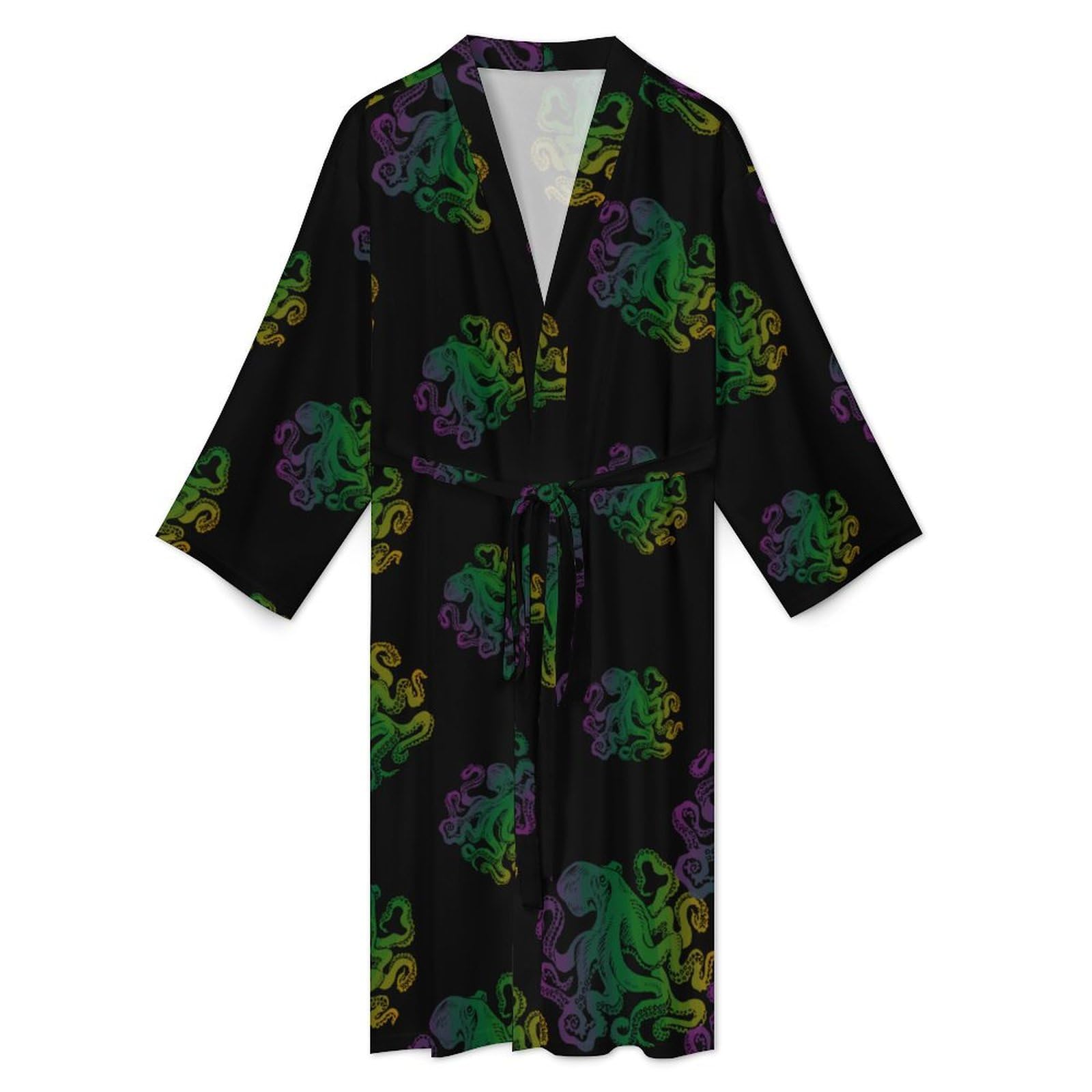 Colorful Octopus Lightweight Kimono Spa Bath Robes Knee Length Loungewear Long Sleeved Bathrobe 2XL