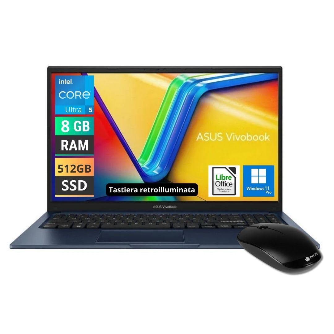 ASUS Notebook Vivobook, PC portatile, CPU Intel 5 Ultra 120U 10 core 5Ghz, Ram 8Gb, SSD M,2 512Gb, 15,6 FullHD ips, WiFi, 4 USB, HDMI, Windows 11 Pro, Tastiera Retroilluminata, Libre Office, Mouse