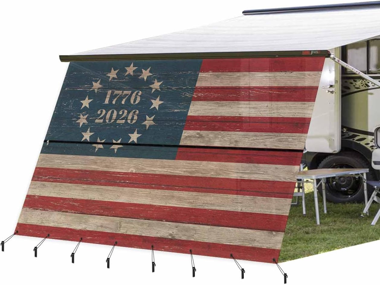 RV Awning Sun Shade Screen 9' x 13'3", 250 Anniversary USA Flag Mesh RV Awning Shades Complete Kits, Vintage Blue Red American Flag Sunlight Blocker Outdoor Canopy for Camping Trailer Motorhome