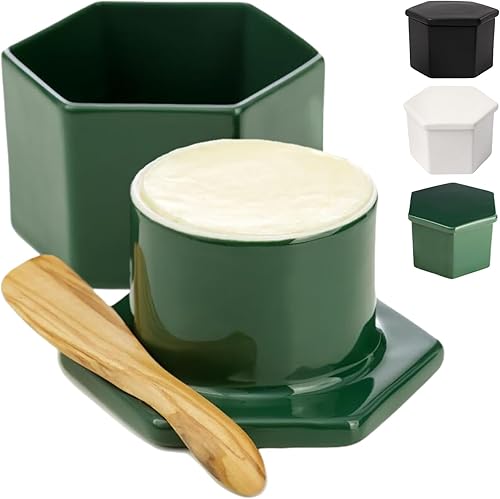 The Lunga Collection Cuchillo para untar, mantequilla francesa y madera para untar, para encimera con agua, plato de mantequilla francesa (verde