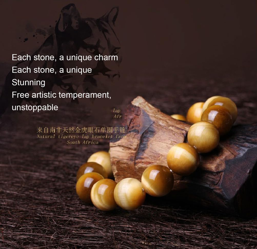 Bracciale in Occhio di Tigre da Uomo | Occhio di Gatto Giallo Dorato Naturale | Gioielli Elastici Fatti a Mano per Circa la Misura del Polso | Porta Fortuna, Coraggio e Fiducia,10mm