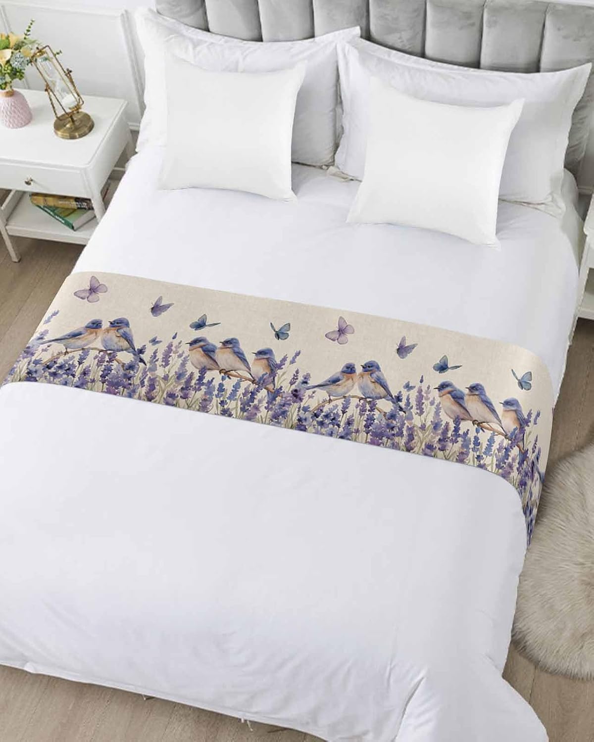 Purple Spring Floral Bed Runners for King Size Bed, Decorative Bed Runner Scarf, Summer Birds Butterfly Farmhouse Beds Throws for Foot of Bed, Bedding Scarves Slipcover for Bedroom 94"x20"