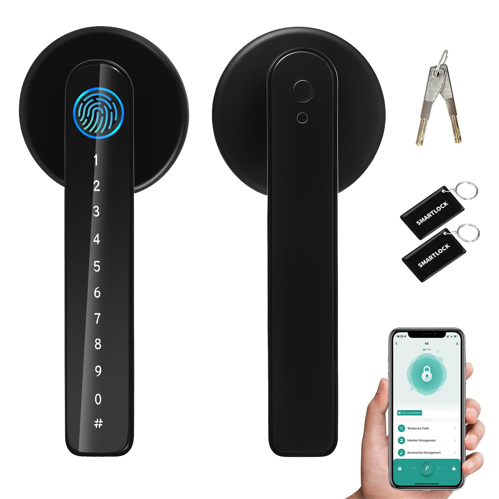 AILRINNI Smart Door Lock - 5 in 1 Fingerprint Door Lock,Zinc Alloy, with APP/IC Card/Passcode/Key/Fingerprint Biometrics, Single Side Smart Door Handle for Home, Bedroom, Hotel(APP Smart Management)