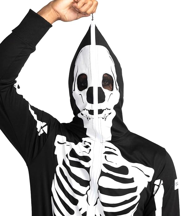 Tipsy Elves Halloween Skeleton Costume for Men - Comfy Adult Skeleton Jumpsuit with Hood - Men's White Bones Jumpsuit Halloween Costume with Full Zip Hood Size Medium by Tipsy Elves - Image 2