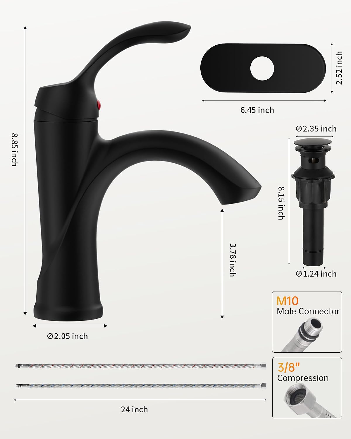 Detailed diagram with dimensions of the BATHLAVISH Matte Black Faucet and pop-up drain, including spout height, reach, and base diameter.