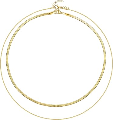 2Pcs Womens 14k Gold Snake Chain Necklaces Set, 16 Choker & 18 Layered Necklace for Women, Minimalist Skinny Metal Chain Jewelry for Daily Wear, Party, Birthday Gifts