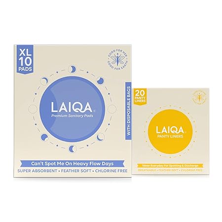 LAIQA Ultra Soft Night Sanitary Pads for Women - Comfy Pack 10 Heavy Flow + 22 Pantyliners | Made with Natural Fibers | Rash Free Premium Sanitary Napkins with 4 Wings | Comes With 100% biodegradable disposal bags
