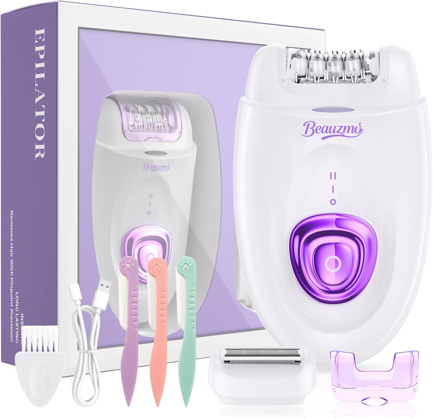 Epilierer für Frauen, schnurloses Gesichtshaarentfernungsgerät mit Rasierkopf und Trimmer, Smooth Glide Epilierer, 2 Geschwindigkeiten & 36 Pinzetten für Gesicht, Beine, Arme, Achsel, Bikini