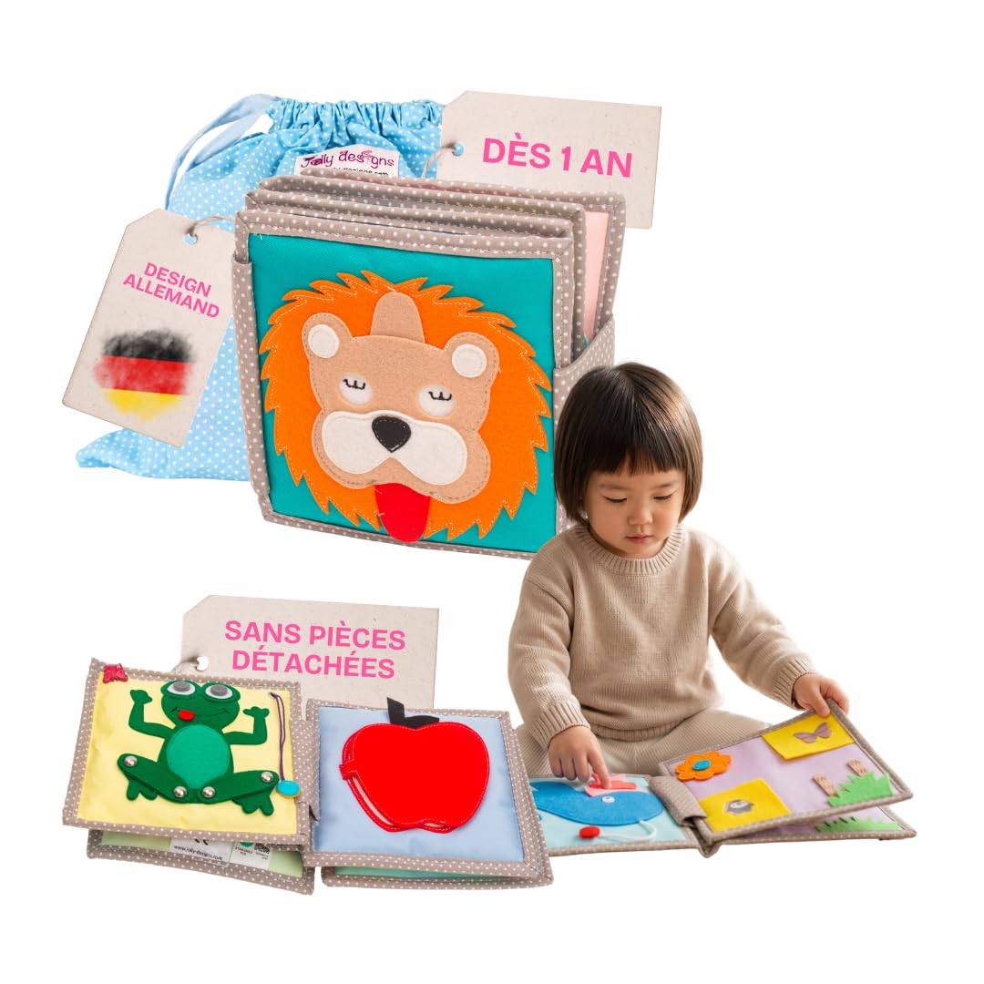 Jolly Designs Mini Quiet Book Lion Rêveur – Jouet Montessori dès 1 an – Livre d’activités Quiet Book en Tissu sans pièces détachables – Livre sensoriel & de motricité pour bébé