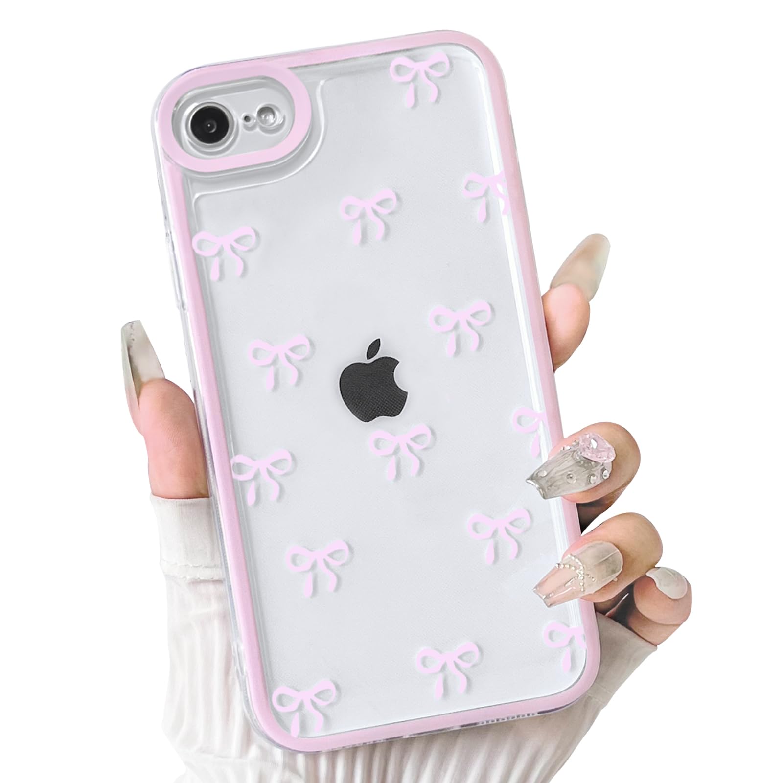 NITITOP Compatible for iPhone SE 2020 SE 2022 7 8 Case Cute Clear Ribbon Bowknot Pattern for Girls