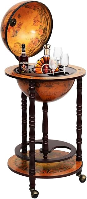 Multigot 360MM Wood Globe Wine Cabinet, Bottles Storage Rack with 360 Degree Rotatable Wheels