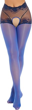 Womens Ultra Thin Oil Glossy Crotchless Pantyhose See-Through Lace Patchwork Sheer Stockings