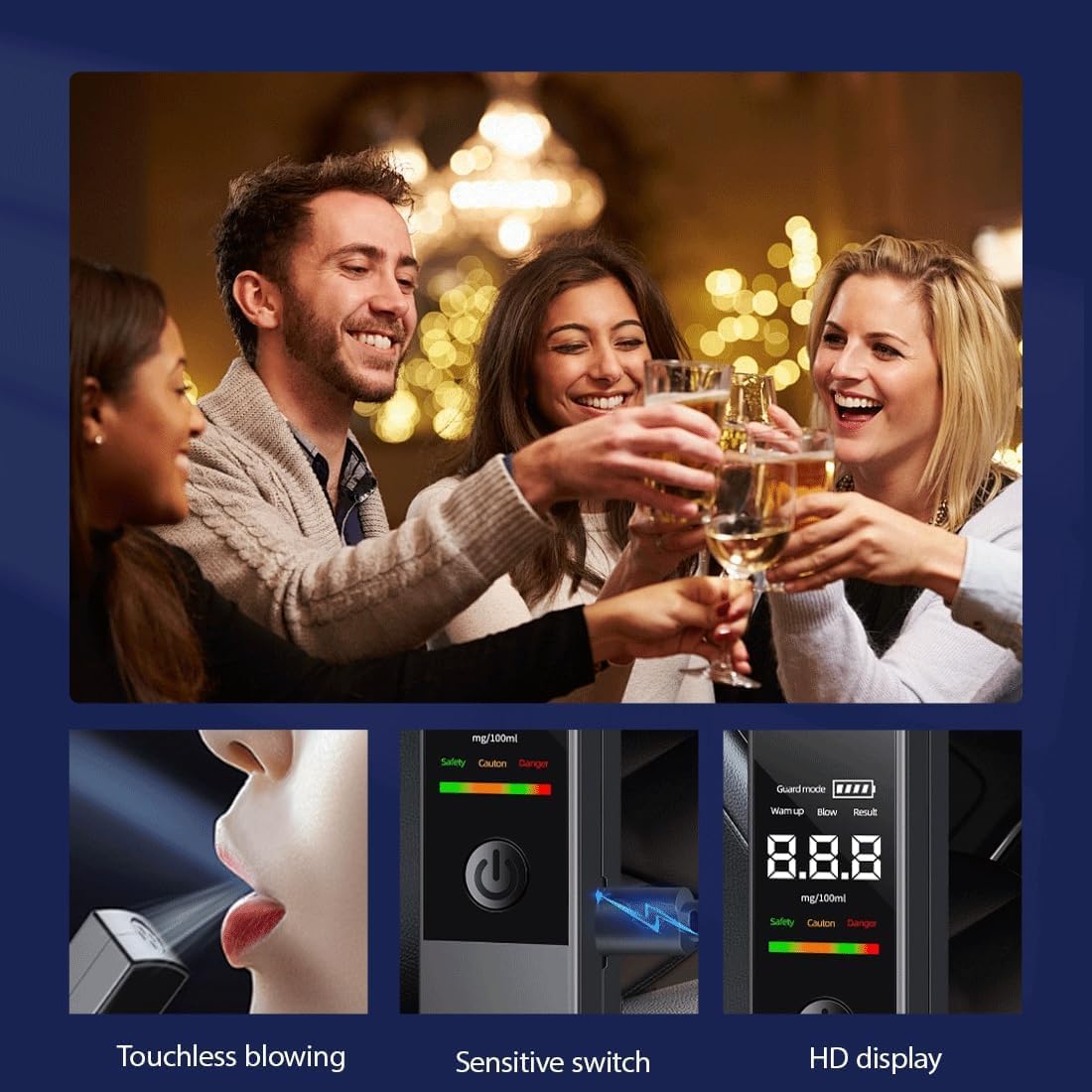 Etilometro Portatile Certificato Alcol Test, Professionale Alcol Test Senza Contatto Tester di Alcool Display LCD Digitale e Allarme Vocale, Precisione di Grado Riutilizzabili Ricaricabile