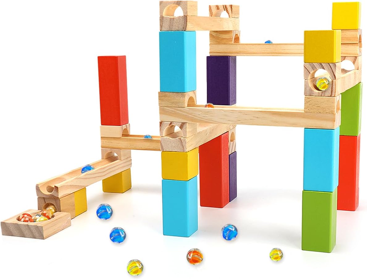 Wooden Marble Run for Kids Ages 3+, 36 Piece Marble Runs