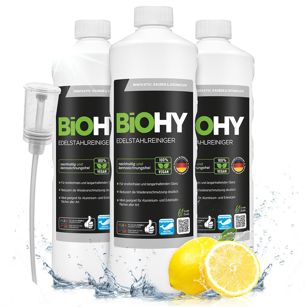 BiOHY Limpiador de acero inoxidable (3 botellas de 1 litro) + Dosificador | Cuidado para un brillo sin rayas | limpia la cocina, las ollas o la parrilla | Gastronomía y Hogar (Edelstahlreiniger)