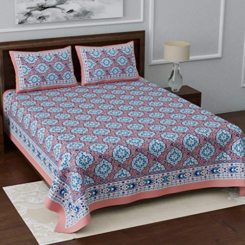 Image of Living Roots Ethnic Rajasthani /Jaipuri /Sanganeri Block Print 100% Cotton Super King Size 100 * 108 Bedsheet with 2 Pillow Covers (49B)