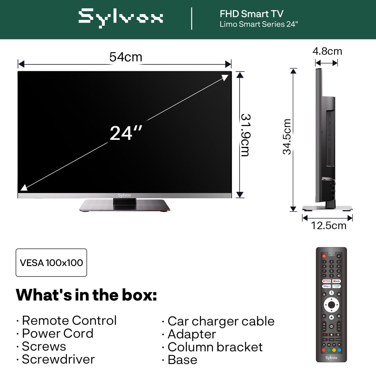 SYLVOX 24" Smart Google 12V TV do Kamperów | 1080P, Wbudowany Odtwarzacz DVD, Adapter 12V, Szeroki Zakres Napięcia 100-240V, Potrójny Tuner DVB-S2/T2, WiFi, HDMI/USB, Dla Autokarów/Ciężarowych