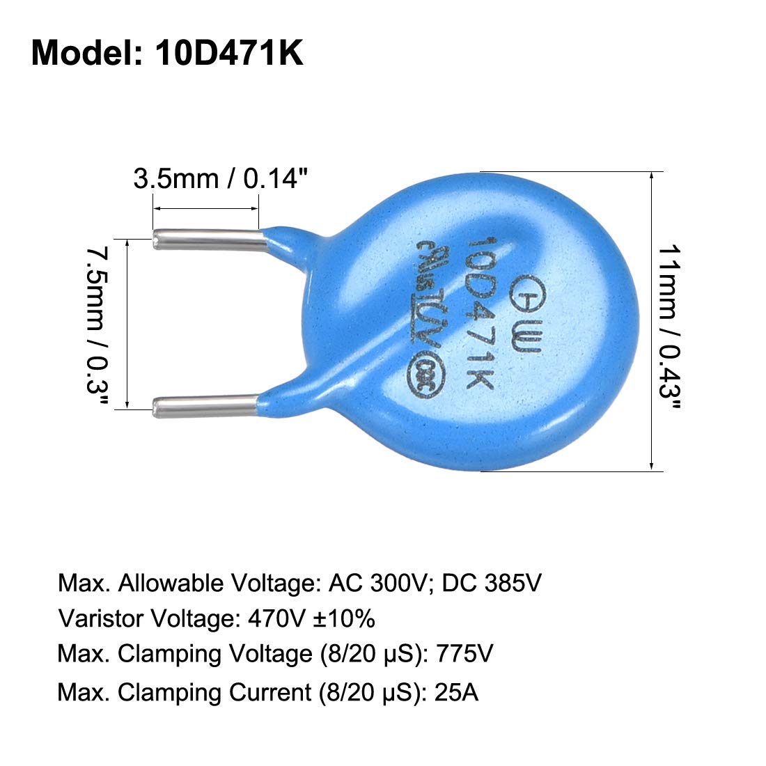 10D471K Varistor – AC 300 V, DC 385 V, 10 Stück, Mit Radialdraht, Für Überspannungsschutz