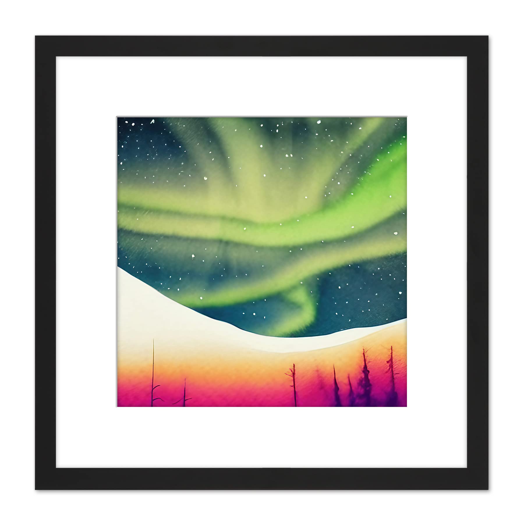 Artery8 Vibrant Aurora Borealis Green Northern Lights Night Sky Landscape Watercolour Painting Square Wooden Framed Wall Art Print Picture 8X8 Inch