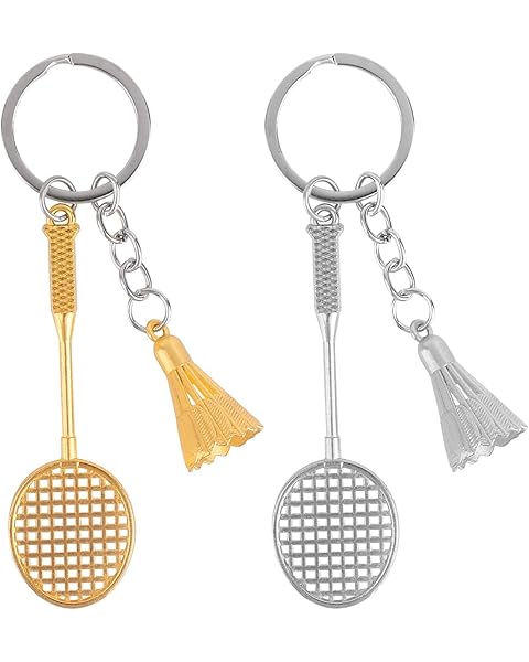 Penitue 2pcs Badminton Keychain, Alloy Badminton Racket Keychain Key Chain Shiny Sports Key Ring Keyring for Sports Lovers Players Coaches (Silver & Gold)