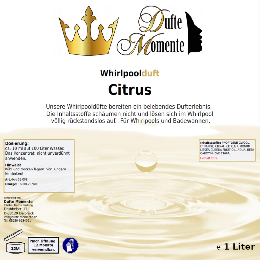 Dufte Momente Fragancia Whirlpool de 1 litro, cítricos, con aceites esenciales naturales y naturales, sin espuma, vegano y sin experimentos con animales