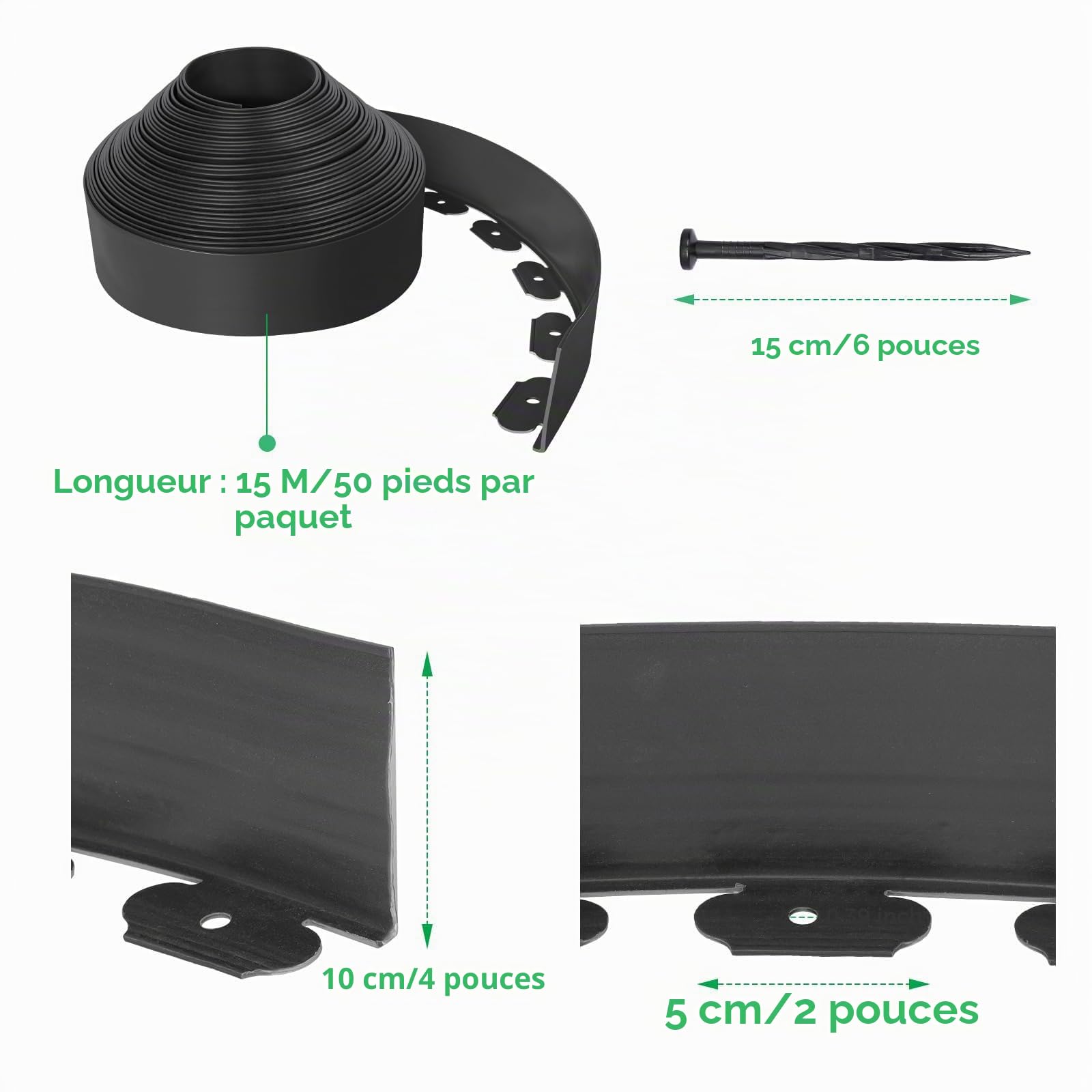 Bordure de Pelouse Flexible en Plastique, 15 m x 10 cm de Hauteur, Bordure de Jardin avec 75 Piquets de Fixation, kit de Délimitation pour Bordures de Jardin et de Massifs - Noir