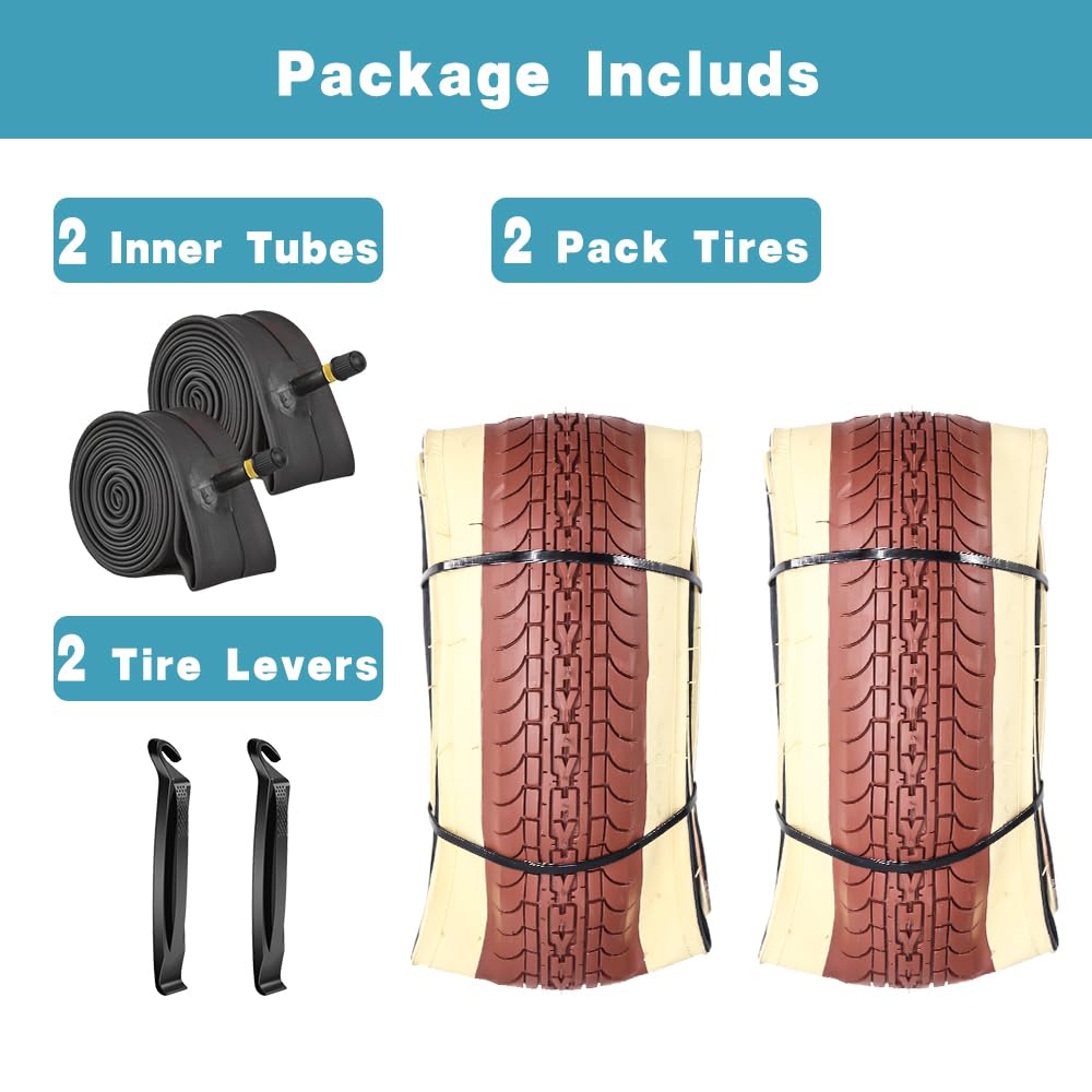 SIMEIQI 26x2.35 Inch Beach Cruiser Bike Tire Black White Wall or Brown Cream Wall Folding Replacement Bicycle Tire for Hybrid City Commuter Trail (Brown Cream 2 Tires 2 Tubes 2 Levers, 26x2.35)