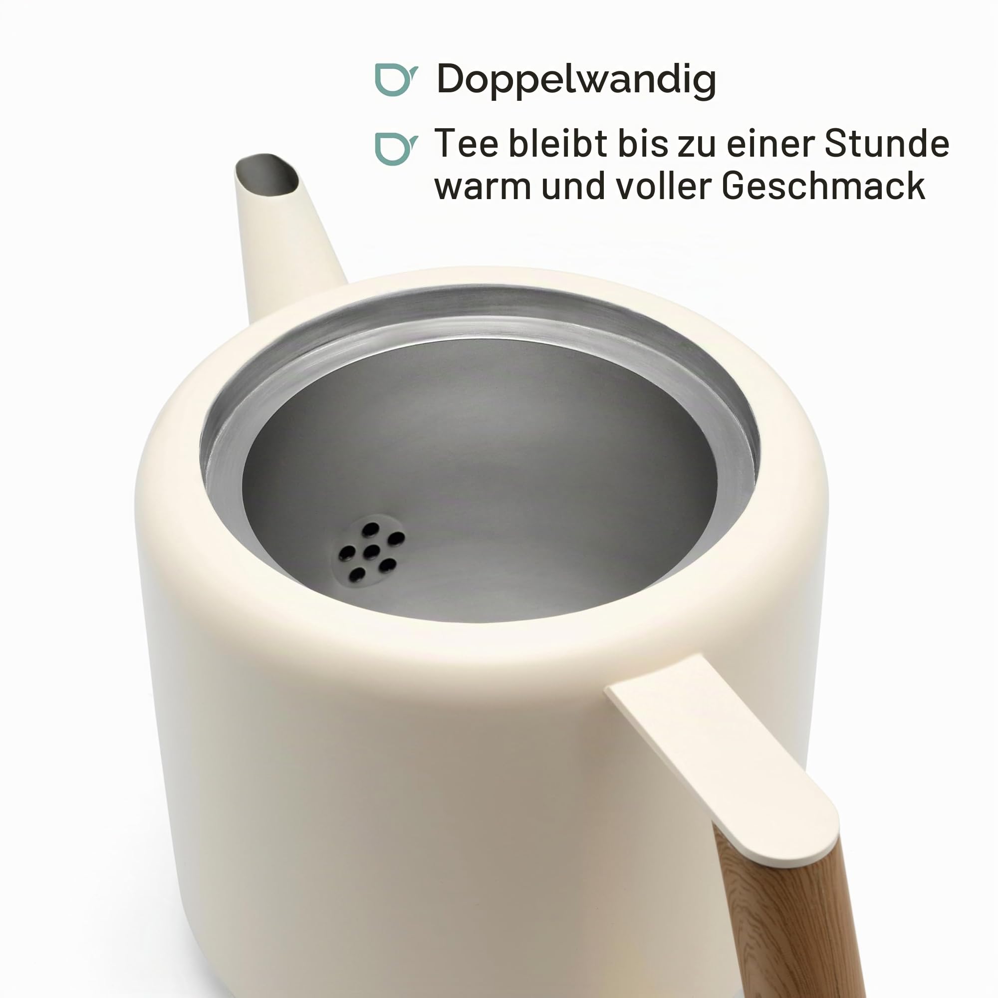 doppelwandige creme-weiße Edelstahl Teekanne 1.1 Liter - isolierende Kanne für längeren Teegenuss