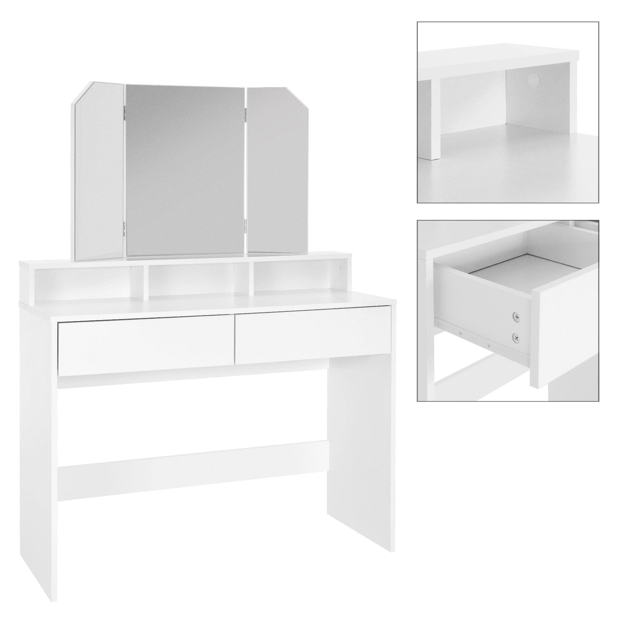 ML-Design Schminktisch, Frisiertisch mit 3-tlg. Klappspiegel und 2 Schubladen, 100 x 40 x 140 cm, Weiß, modern, Kosmetiktisch mit 3 offenen Fächern, Frisierkommode Schminkkommode Kommode Make-Up Tisch