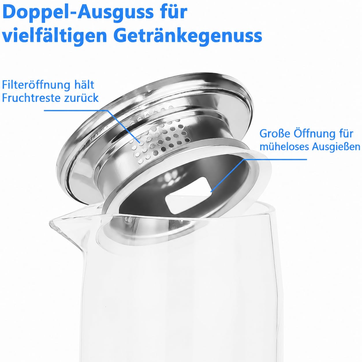 3er Set 1,5 L Wasserkaraffen, Glaskaraffe mit Deckel, Filter & Bürsten | Karaffe aus Glas für Wasser, Infused Water, Eistee und Saft – vielseitiger Wasserkrug für Küche, Esstisch, Büro und Feiern