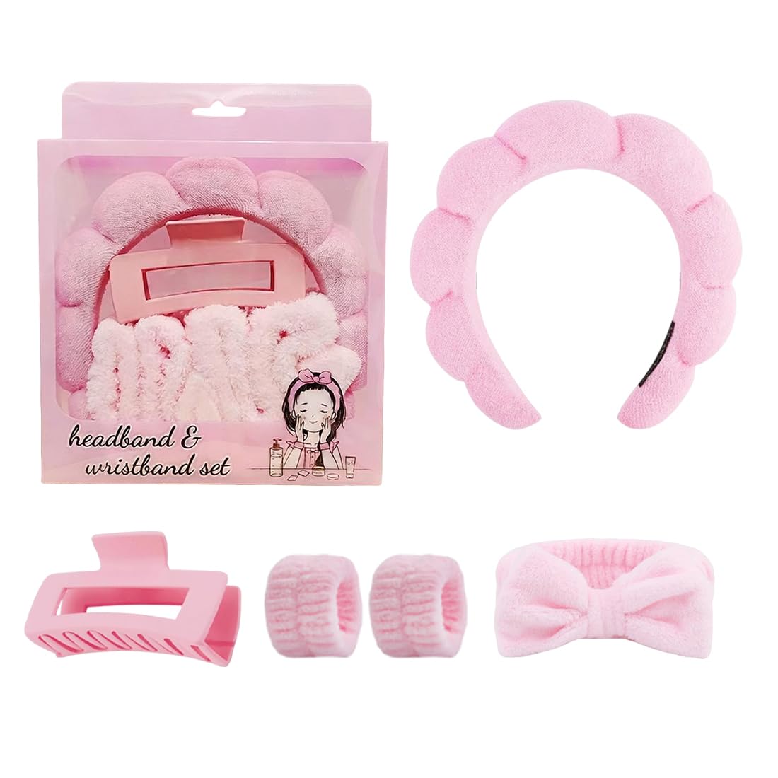 Fascia Capelli Donna, 5 Pezzi, Set di Polsini Spugna Morbida Terry Panno Trucco Skincare Fascia Antiscivolo, Archetto elastico antiscivolo, Adatto per lavare il viso, massaggi, fare la doccia