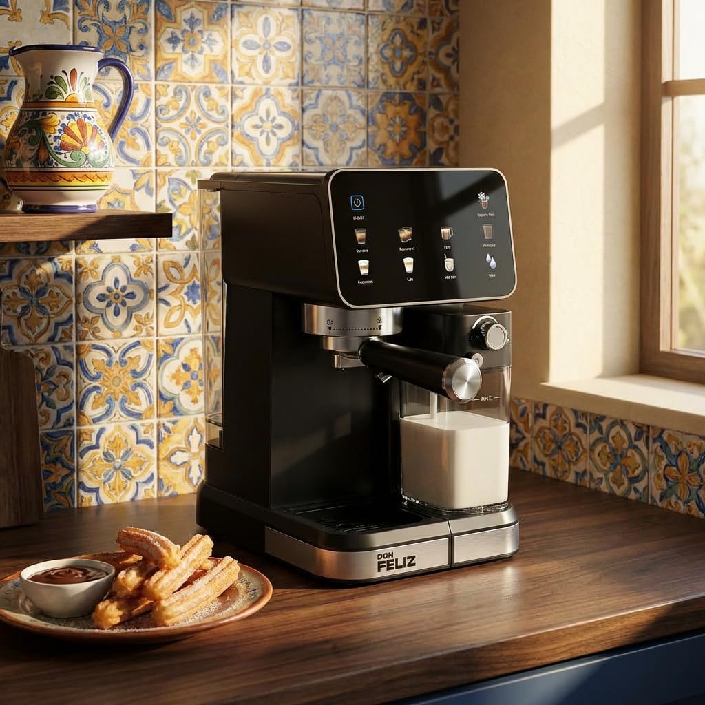 Don Feliz Cafetera Espresso Semiautomática 20 Bar 1350W con Pantalla LCD, Depósito de Leche 500ml, Depósito de Agua 1.5L, Compatible con Nespresso, Cappuccino, Americano, Autolimpieza