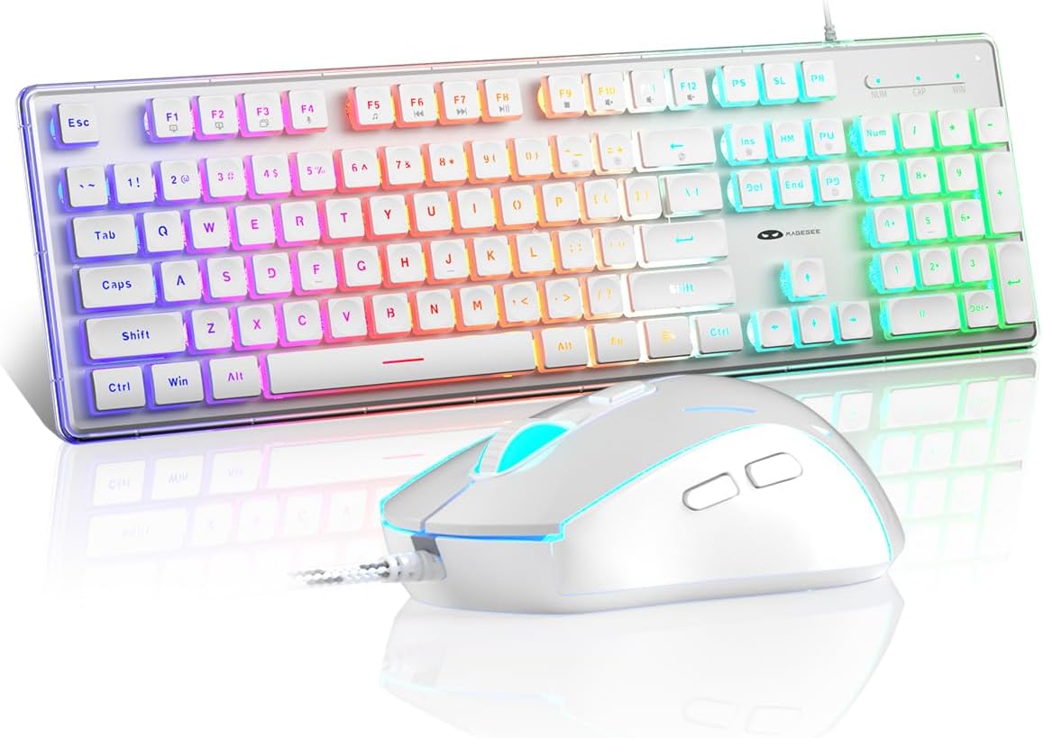 Camiysn Gaming Keyboard and Mouse, White 104 Keys RGB Keyboard and 6 Speed RGB Mouse Combo, Pudding Keycaps Silent Computer Keyboard for Computer/PC/Laptop/Mac/Windows/Office